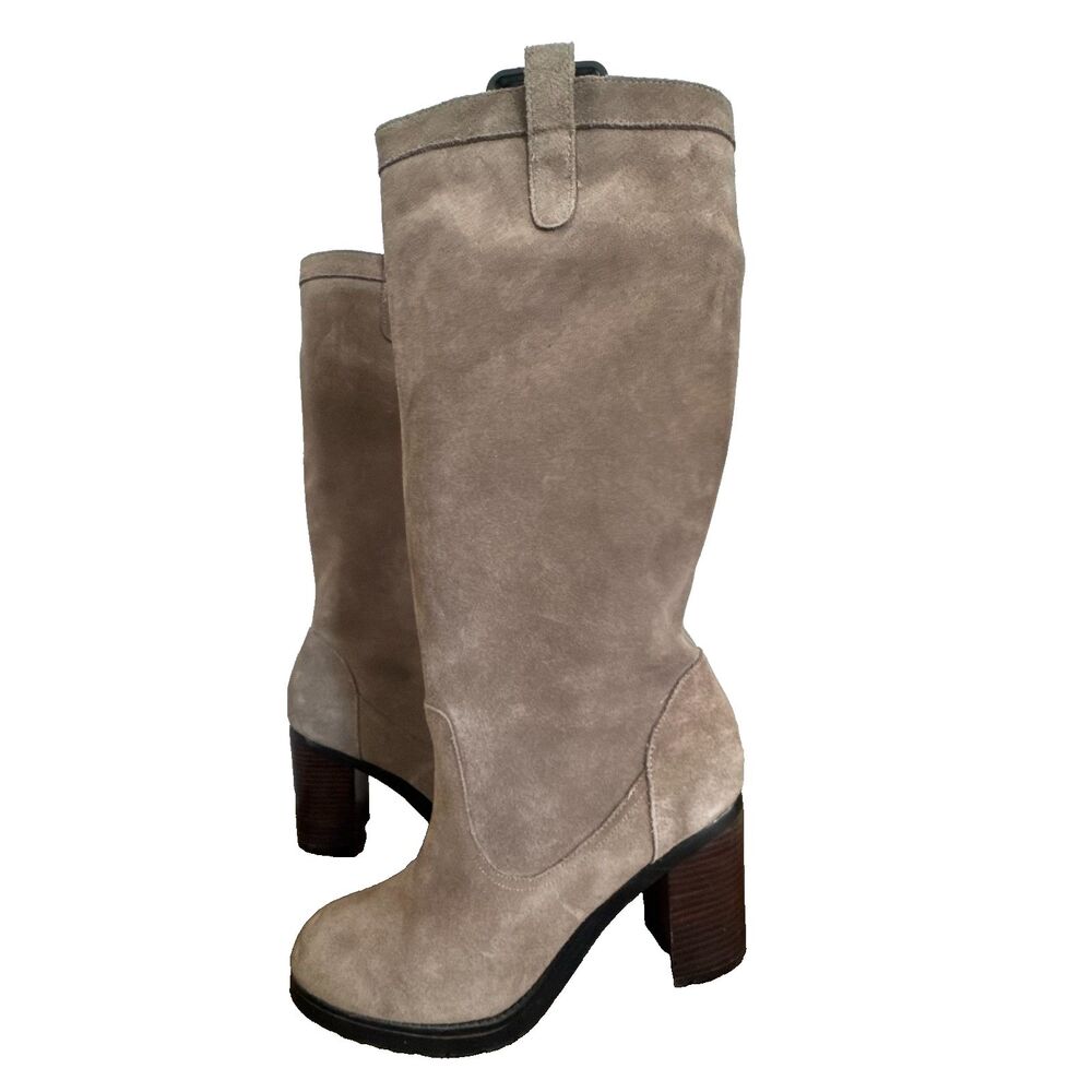Lauren Ralph Lauren Taupe Suede Tall Boots Women's 10B Leather Block Heel Riding - Picture 3 of 13